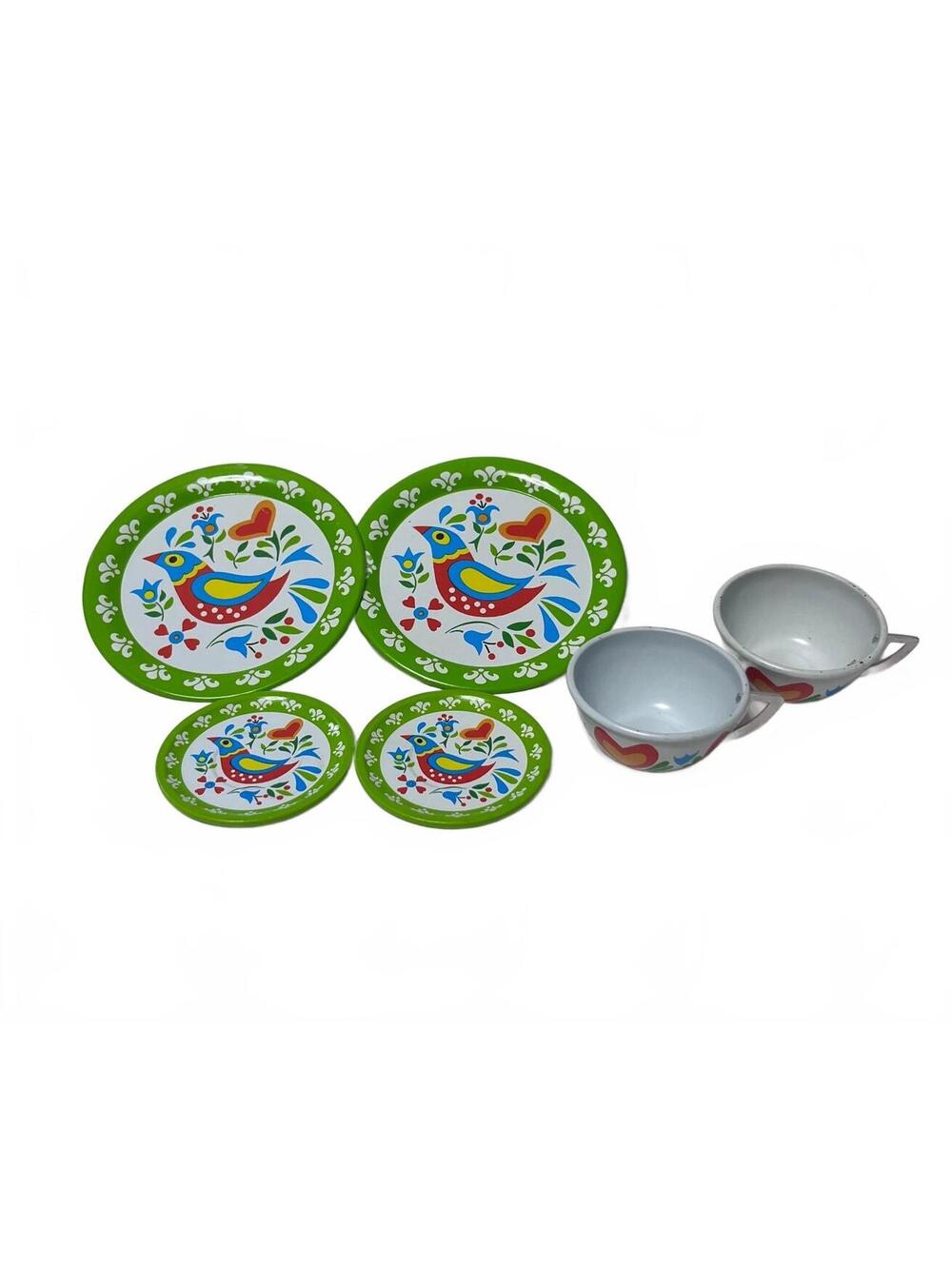 Vintage Ohio Art Tin Litho Tea Set Folk Art Bird Heart Green Dinnerware Lot